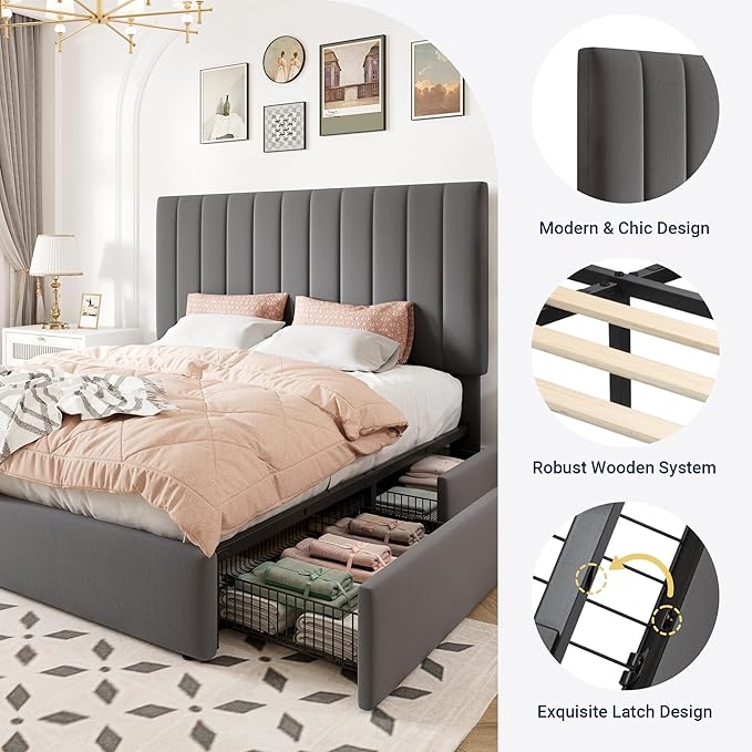 Allewie Queen Size Storage Bed Frame, Vertical Channel Tufted Adjustable Headboard, Velvet Upholstered Platform Bed with 4 Oversized Underbed Drawers, Wooden Slats Support, No Box Spring Needed, Grey
