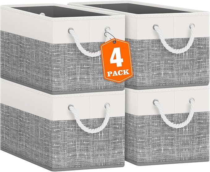 Fab totes Storage Bins [4-Pack], Foldable Storage Baskets for Organizing Toys, Books, Shelves, Closet, Large Storage Box with Rope Handles, Sturdy Organizer Bins, White & Grey