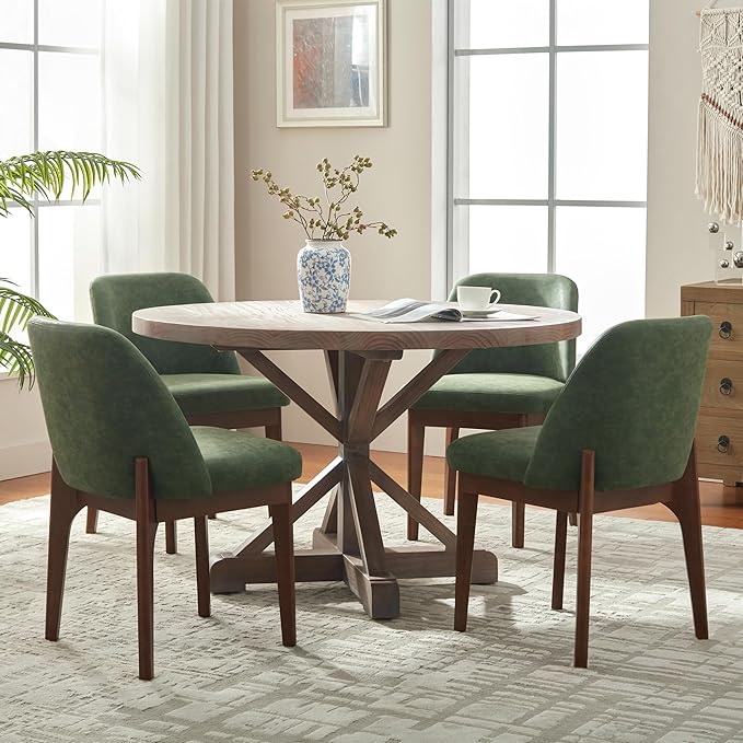 VKNOW Modern Dining Chairs Set of 4, Faux Leather Kitchen Chairs with Wood Legs, Upholstered Side Chair for Kitchen Dining Room, Green