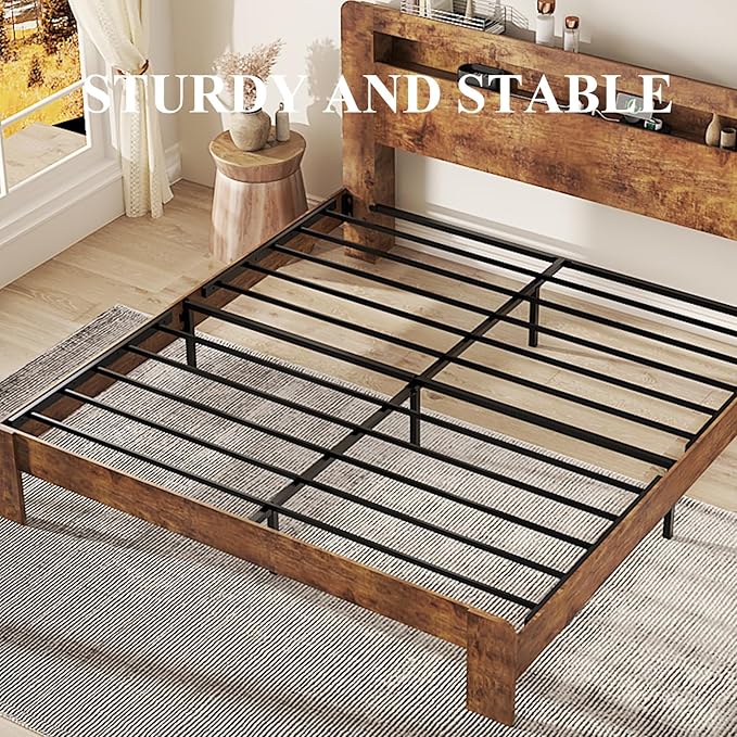 Wooden Bed Frame King Size with Storage Headboard - Farmhouse Platform Bed Frame with Bookcase Shelf & Led Lights, Sturdy Wood Slat Framework Bed Frame (Rustic Brown LED)