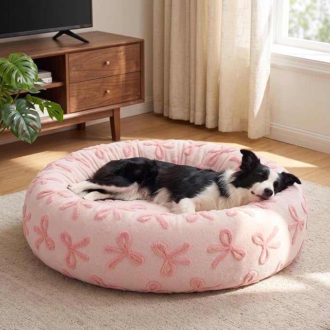 JOEJOY Jacquard Donut Round Dog Beds Medium Sized Dog,Pink 30x30x8in, Removable Washable Cover, Cute Pattern, Ultra Soft Fluffy Calming Pet Bed with Thick Supportive Bolster