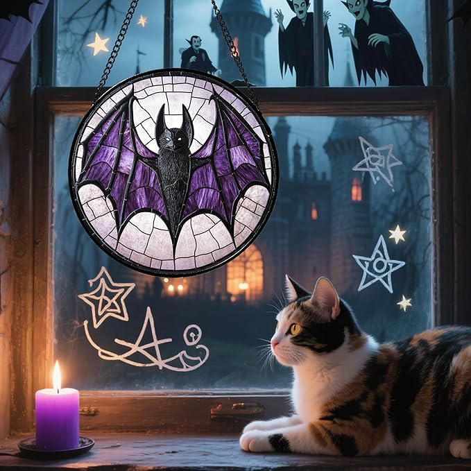 Stained Glass Window Hanging - Halloween Black Bat Purple Wings Monster Suncatcher for Doors Garden Home Spooky Sun Catchers Gothic Decor Horror Gift for Women Men Friend Boy Girl 15 in
