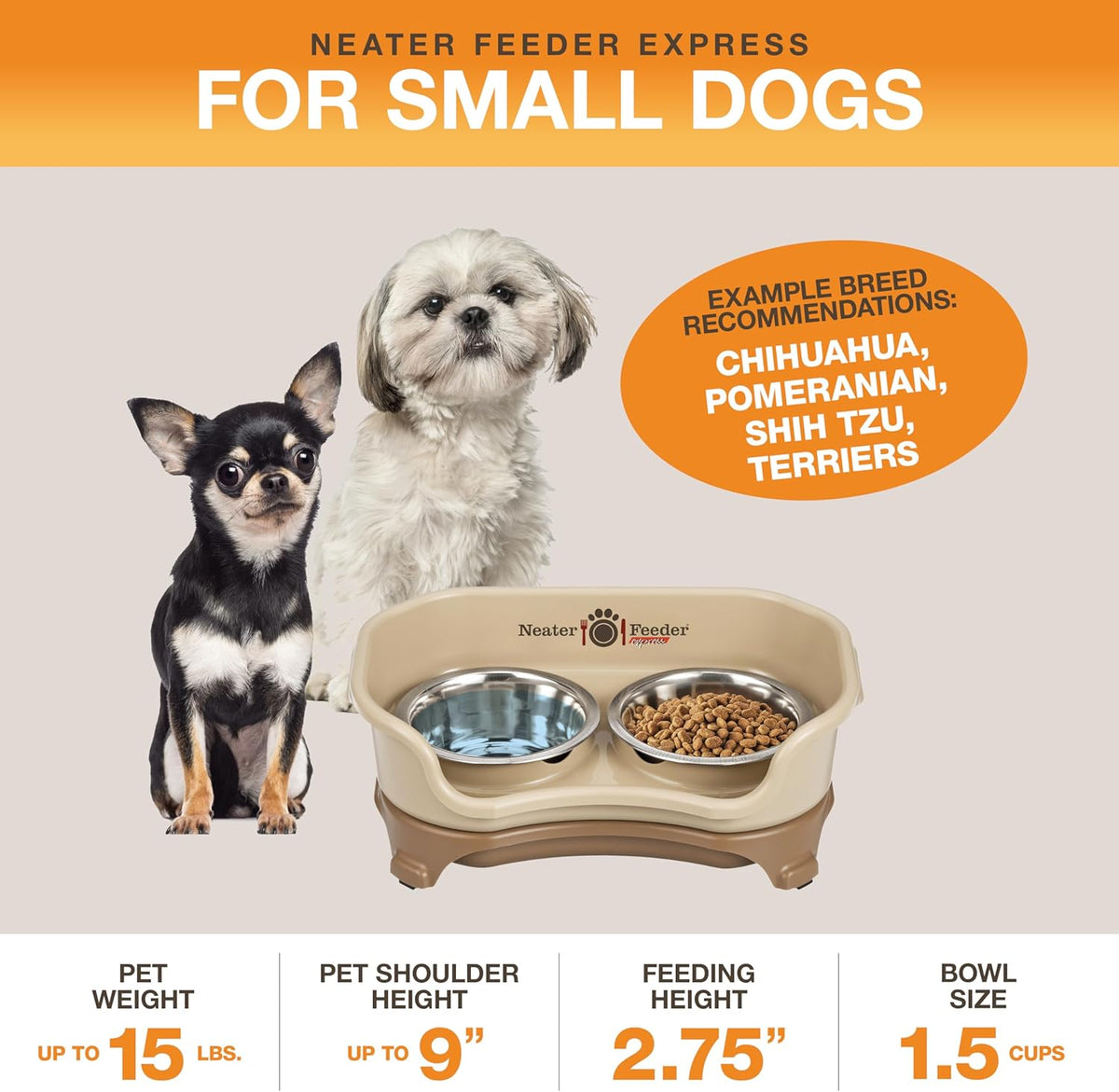 Neater Feeder Express Mess Proof Dog Bowls Elevated for Small Breeds under 15 Lb, Made in USA, No Spill Raised Dog Food Bowl Stand, Stainless Steel Food and Water Bowl Set, Feeding Station, Cappuccino
