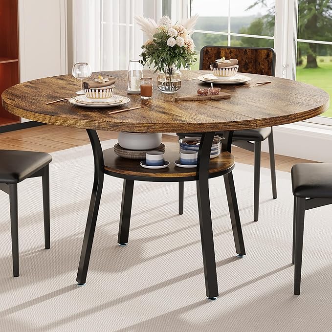 Garvee 47'' Round Dining Table for 4-6 People, Farmhouse Kitchen Dining Table, Round Dinner Table with Storage Shelf for Kitchen, Living Room (Table Only), Rustic Brown