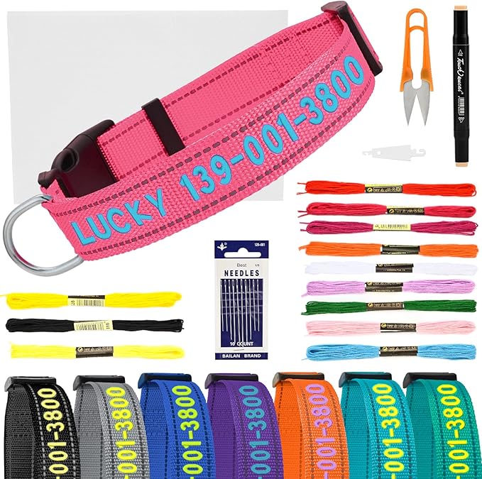 DIY Personalized Embroidered Dog Collar - Custom Hand-Stitched Name & Number, Reflective Adjustable Pet Collar for Small/Medium/Large Dogs & Cats, Durable Nylon with Steel D-Ring (Hotpink, Large)