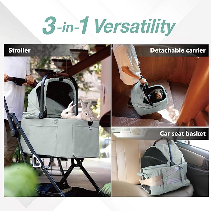 ibiyaya Tinker Pet Stroller for Small Dogs and Cats – 3-in-1 Pet Carrier, Dual-Opening Canopy, No-Flat Wheels, Vegan Leather Handle, Large Storage Basket (Sage Green)