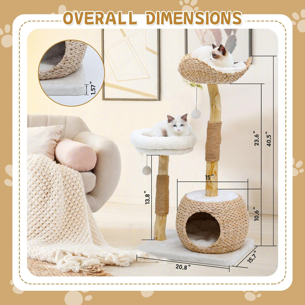 Wooden Cat Tree, Modern Cat Tree Tower with Jumping Platforms, Baskets, Cat Condo, 40" Cat Scratching Posts for Indoor Cats Kitten