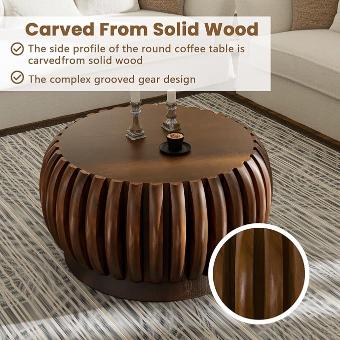 26.37'' Round Drum Coffee Table for Living Room Modern Rustic Farmhouse Wood Circle Coffee Tables with Fluted Pedestal Center Tables Tea Tables for Apartment Office Walnut