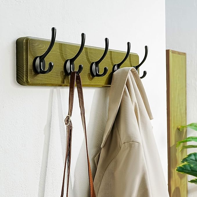 Dseap Coat Rack Wall: Patented, Heavy-Duty, 5-Double-Hooks Wooden Wall Mounted Coat Rack Coat Hanger Hook Rail for Winter Coats Hat Jacket Clothing, Weathered Green, Pack of 2