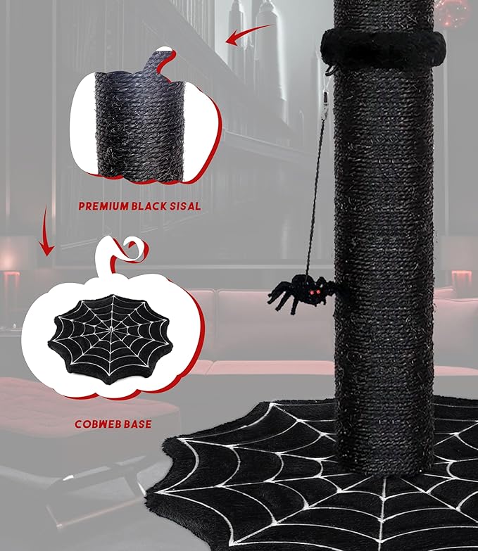 Gothic Cat Scratching Post with Spider Dangling Toys for Indoor Cats, Halloween Spooky Cat Scratcher,Activity Cat Play Center Goth Cat Tree Tower Furniture with Cobweb Base,Black