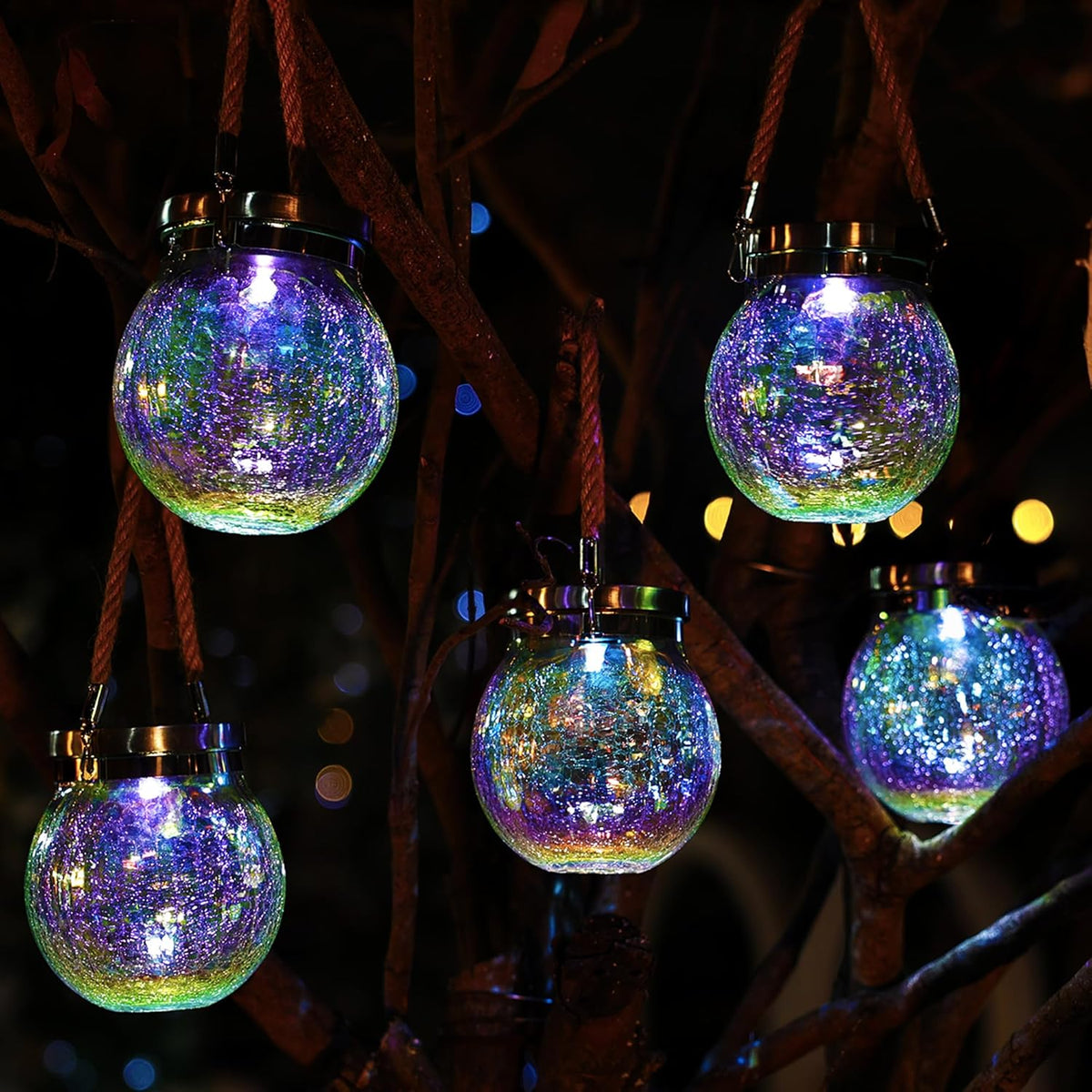 Cooo 4 Pack Solar Lantern Outdoor Waterproof Iridescent Crackle Glass with 215% Larger Solar Panel, Stainless Steel Lid – Rainbow Glass Hanging Light with Cool White LED for Garden Patio Table