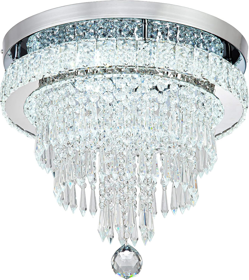 16“ Crystal Chandeliers Light Flush Mount Ceiling Light Fixtures Round Modern LED Chandelier for Living Room Bedroom Dining Room Closet Hallway (Cool White)