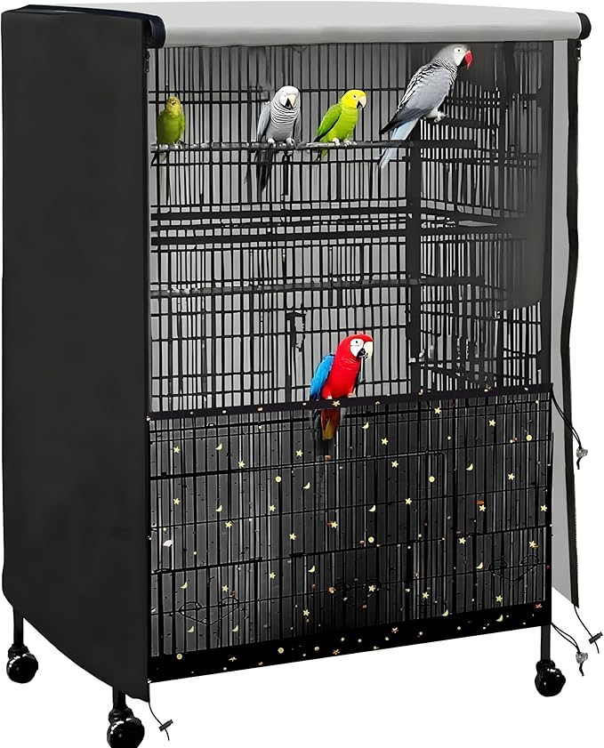 Universal Bird Cage Cover,Pet Cage Cover,100% Shading Oxford Cloth with PU Coating Layer,Good Night for Small Animals,Adjustable Soft Airy Nylon Mesh Net for Round Square Cages (Black, 31.5×21×47in)