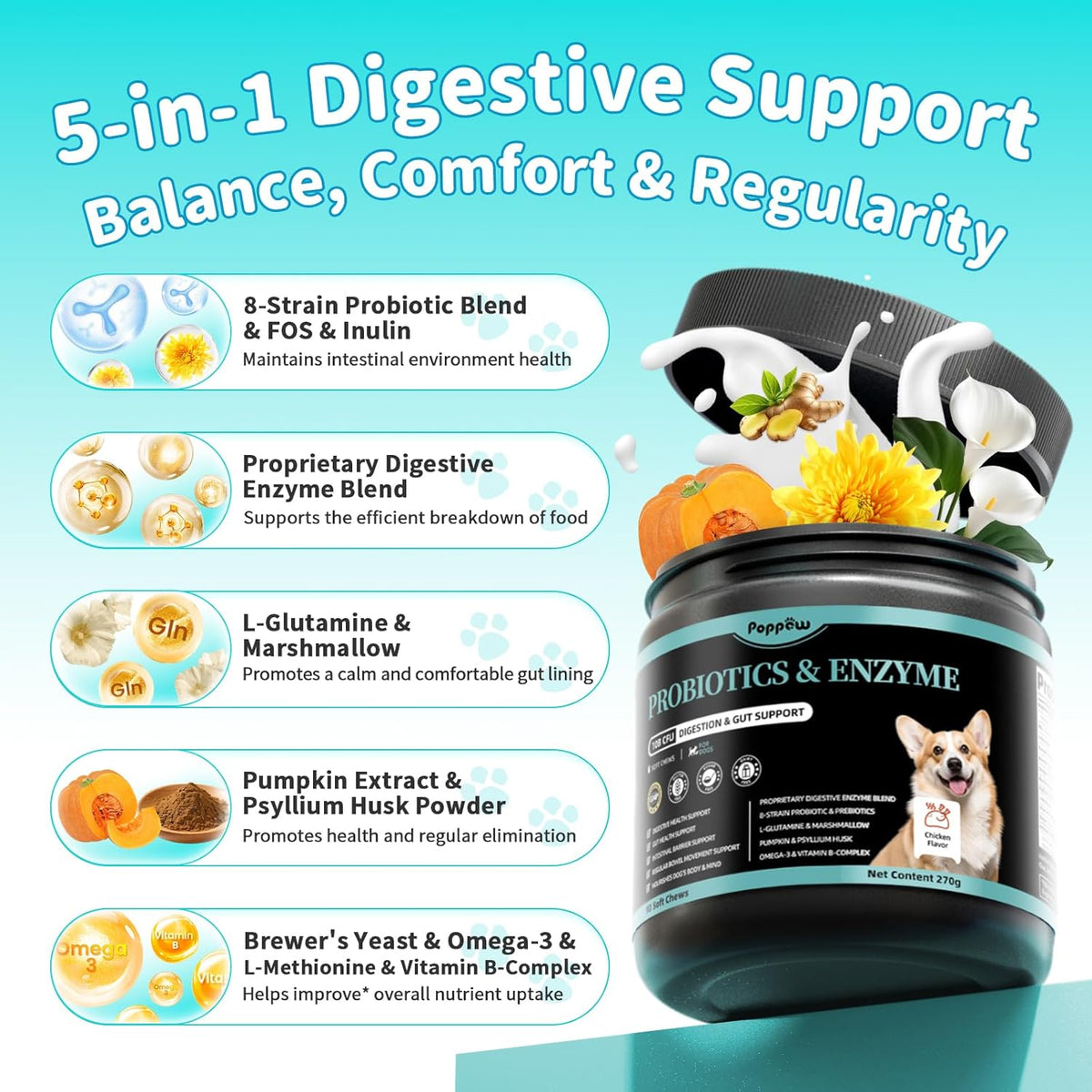 Probiotics for Dogs, Digestive Enzymes for Gut Health Support, Dog Fiber Supplement with Pumpkin for Diarrhea & Bowel Support, Upset Stomach & Gas Relief, Constipation - 90 Count Chicken Flavor