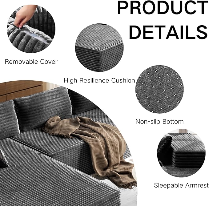 105.5" Modular Sectional Sofa L-Shape, Modular Cloud Sofa with Deep Seat for Living Room Bedroom, Upholstered Couches No Assembly Required (Gray Left Facing Chaise)