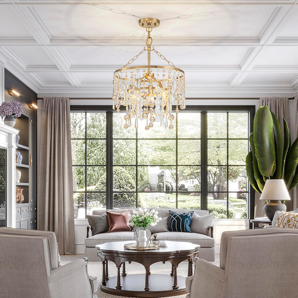 3-Lights K9 Crystal Chandeliers, Luxury Vintage Pendant Light Fixture for Dining Room, Living Room, D15*H20.4~66.8 inch (Adjustable), Clear Crystal & Gold Finish