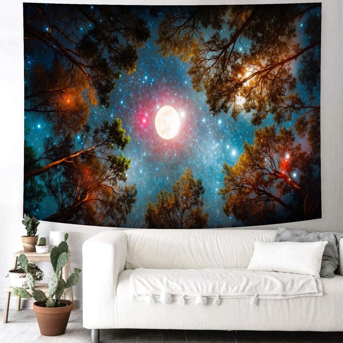 Delur Forest Tapestry Galaxy Moon Stars Night Space Starry Sky Wall Hanging Tapestry Aesthetic Tree Nature Landscape Psychedelic Headboard for Bedroom Living Room Home Decor (51.2" x 59.1")