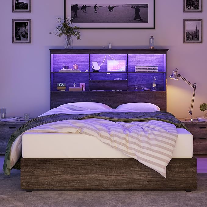 AMERLIFE Queen Size Bed Frame Wooden Platform Bed with 51.2" LED Storage Bookcase Headboard, 4 Storage Drawers & Charging Station/No Box Spring Needed/Noise Free/Rustic Grey