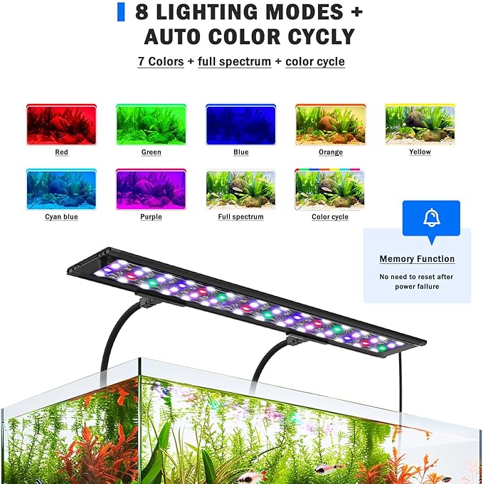 AQQA LED Aquarium Light, 24/7 Mode Clip on Fish Tank Light with Memory Function, DIY Mode Full Spectrum Aquarium Plant Light, Adjustable Timer/Brightness, IP68 Waterproof for 40-48 Inch Fish Tank 35W