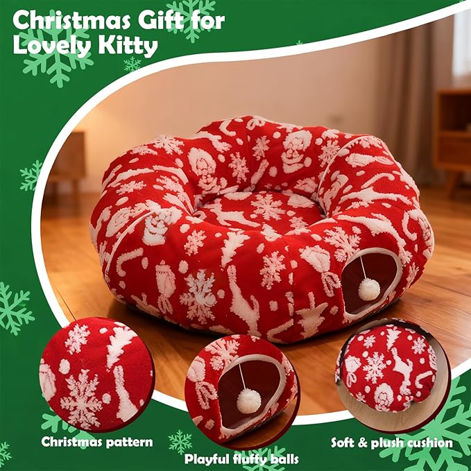 Cat Tunnel Christmas Tree Skirt for Indoor Cats with Bed,Christmas Cat Tunnel Peekaboo Cave Play Christmas Tree Cat Tunnels,Cute Cat Donut Toys Tunnel Skirt Hideout Under Tree