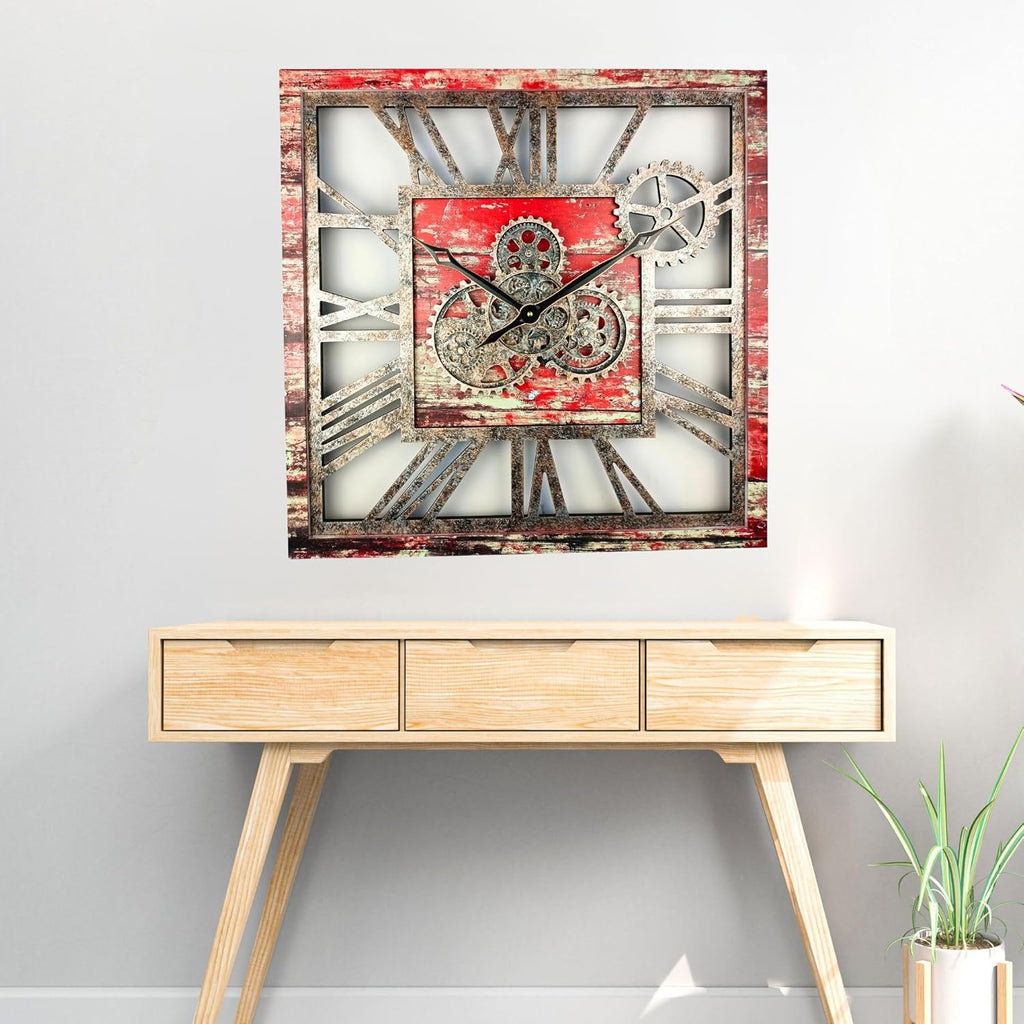 The Gears Clock 24'' Inch Square Real Moving Gear Wall Clock Vintage Industrial Oversized Rustic Farmhouse (Red Lava)