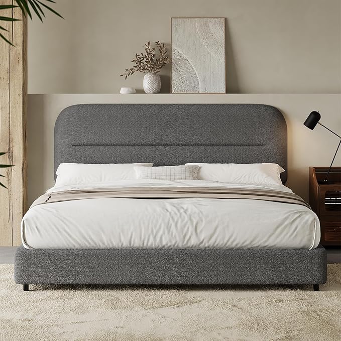 HOMBCK Queen Bed Frame with Headboard, Boucle Upholstered Soft Platform Bed Frame Queen Size with Thickened Footboard, Rounded Corners Design, No Box Spring Required, Easy Assembly, Grey