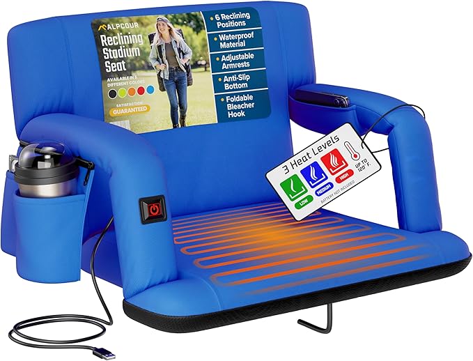 Alpcour Heated Reclining Stadium Seat for Bleachers – Wide Bleacher Chair with Back Support and Cushion, Armrests, Side Pockets, & Hook – Stadium Seats Chairs for Camping, Kayak, Paddle Board & More