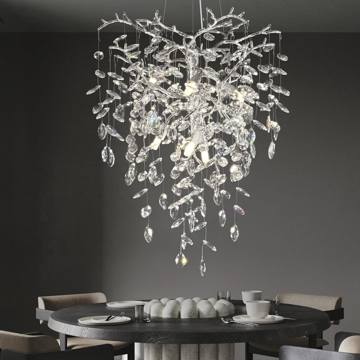 Silver Crystal Tree Branches Chandelier,21 Inchs 6 Lights Modern Round K9 Crystal Chandeliers for Dining Room, Bedroom, Living Room, Foyer,Kitchen Island,Bathroom