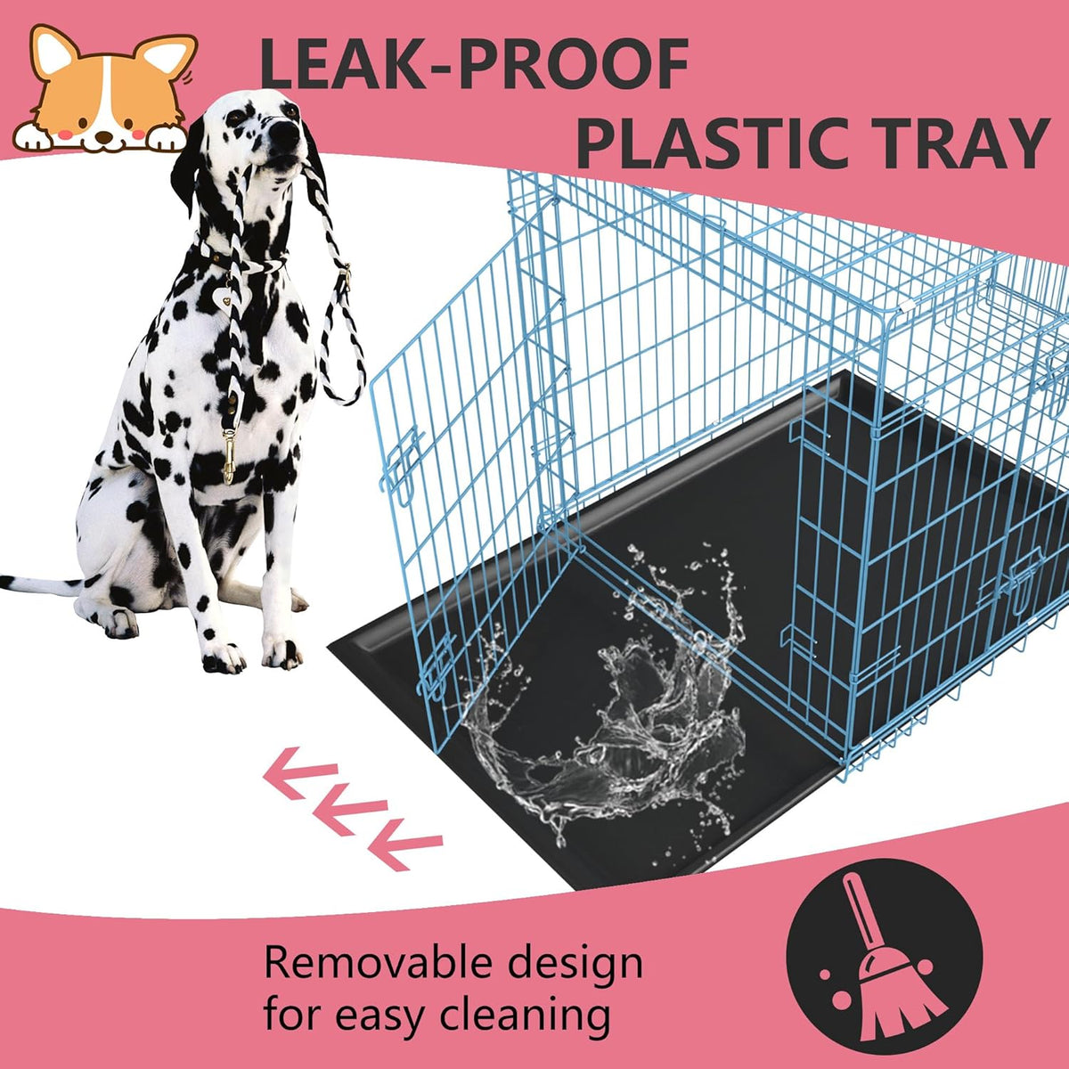 FDW Dog Crate for Large Dogs 48 Inch Folding Metal WirePet Cage Double Door W/Divider Panel Indoor Outdoor Kennel Leak-Proof Plastic Tray,Blue