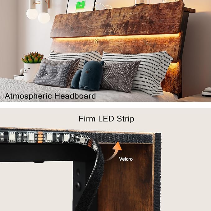 Floating Bed Frame Twin Size with Led Headboard and Charging Station, Metal Platform Bed Base with Storage, Remote Control, Heavy Slats Support, No Box Spring Needed, Noise Free, Vintage Brown