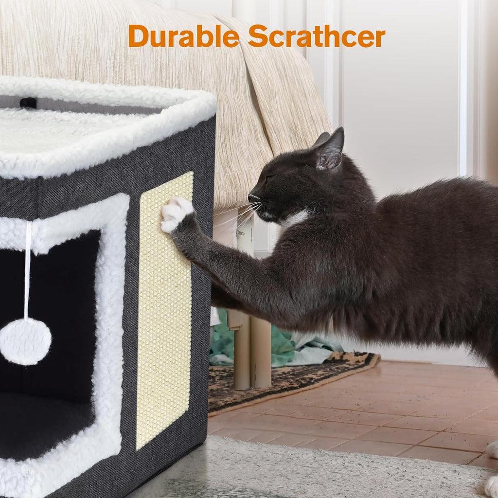 petizer Cat Bed for Indoor Cats, Large Covered Cat House with Scratch Pad, Foldable Cat Cave Bed & Hideaway Cube with Reversible Cushions, Cute Cat Condo for Multi Small Pet Kitten (Blue)