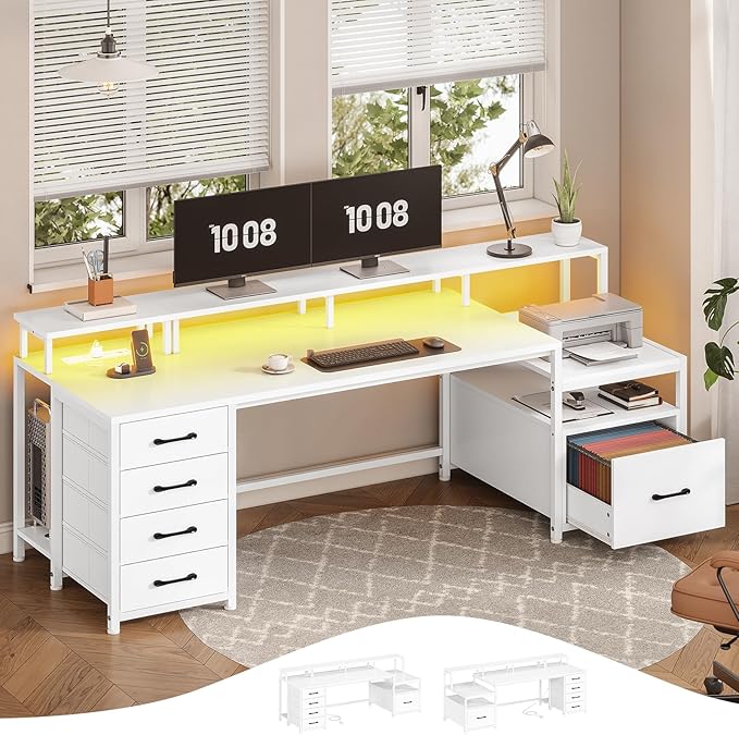 SEDETA White Computer Desk with 5 Drawer & Power Outlet, 75'' Home Office Desk with File Drawer, Storage Shelves, Printer Cabinet and Monitor Shelf, Gaming Desk with Led Lights, 23.6" W Desktop