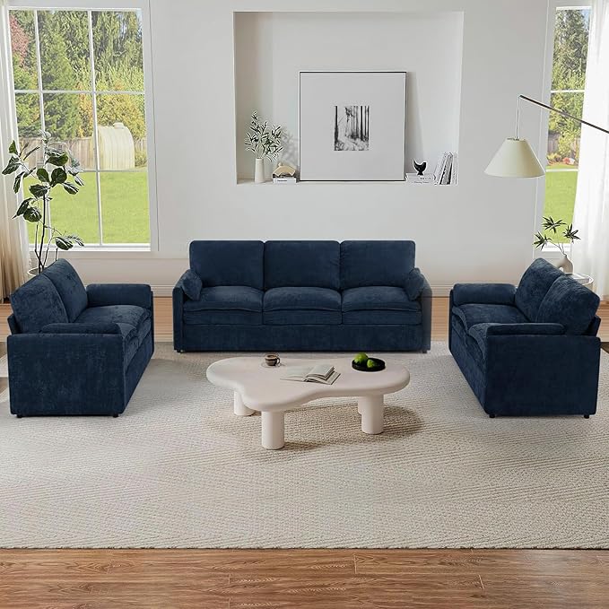 3 Pieces Chenille Sofa Set w/Arm Pillows, Upholstered 2 Pieces Loveseat & 3 Seater Sofa w/Comfortable Back Cushions, Modern 2-Seat & 3-Seat w/High-Density Foam for Living Room, Blue