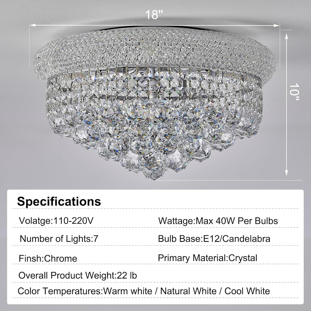 7-Light Crystal Flush Mount Chandelier Ceiling Light Fixture for Living Room Dining Room Bedroom Foyer Entryway Hallway Closet Bathroom (Chrome D18)