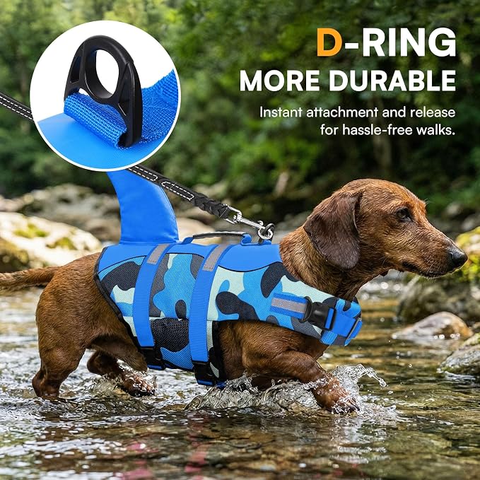 Dog Life Jacket Ripstop Dog Shark Safety Vest Adjustable Preserver with High Buoyancy and Durable Rescue Handle for Small,Medium,Large Dogs, Blue Camouflage Small