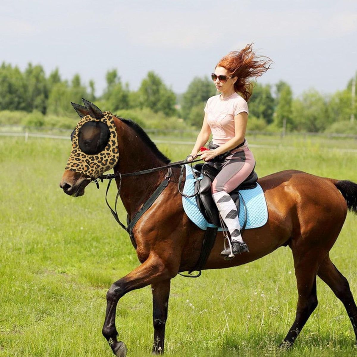Horse Fly Mask with Ears - Comfort Fit, Durable & Breathable, Easy to on/Off | UV Protection, Large Eye Space, Stretchy Leopard Print (2pcs Medium, Tangle-Free)