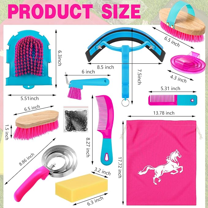 Abbylike 12 Pieces Horse Grooming Kit Racing Festival Tack Room Supplies Horse Brush Sets Equine Care Cleaning Kit Shedding Grooming Massaging Tools(Rose Red)