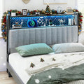 VINGLI King Size Headboard Only, Adjustable Upholstered Headboard with 2 Tier Shelves and Pegboard with Charging Stations and LED Lights, Modern Bed Headboard with Storage for Bedroom Decor