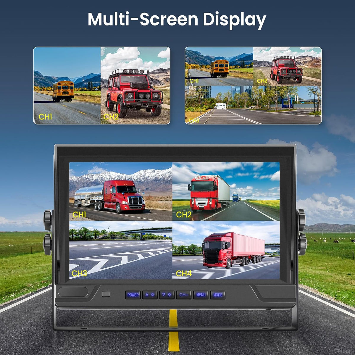 RV Backup Camera System 1080P, Hodozzy 9 Inch 4 Split Screen Monitor System, Waterproof 4 Reverse Cameras Night Vision Reversing Camera Kit for Car Truck/Trailer/Bus Truck/RV, DVR Loop Recording