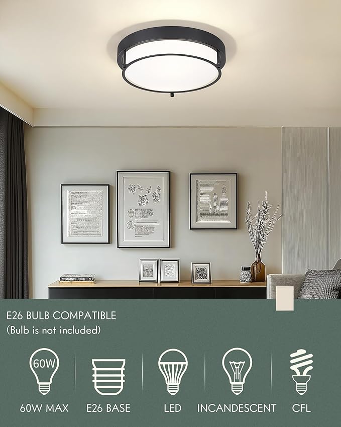 12-Inch Flush Mount Ceiling Light, Modern Farmhouse Style with Frosted Glass Shade, Matte Black, Ideal for Living Room, Bedroom, or Dining Room – Model CKCL4822-2W-BK