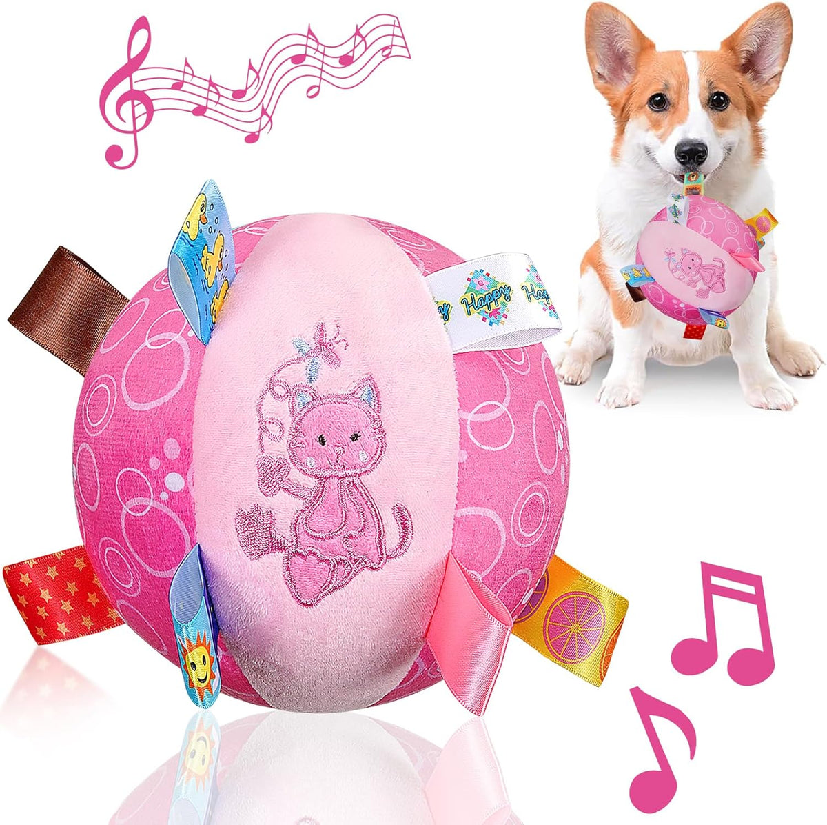 Dog Squeaky Plush Toy with Straps, 6-Inch Soft Stuffed Ball with Cotton Material and Bell Built-in, Pet Interactive Fetch Toy for Small to Large Dog