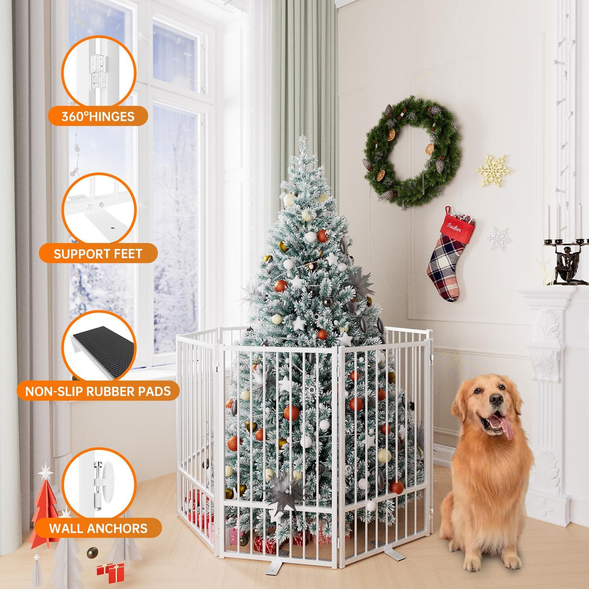 Full Metal Freestanding Dog Gate with Door, 36''Height Foldable Pet Dog Fence for Indoor & Outdoor, 8 Panels Extra Wide Free Standing TallDog Gates for Doorways,House,Stairs,Porch,Deck,Yard