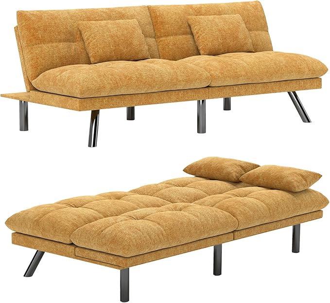 Futon Sofa Bed Convertible 70 inch Solid Wood Couch for Living Room, Chenille Fabric, 2 Cushions (Caramel Orange)