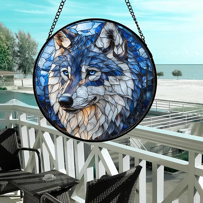 Stained Glass Window Hanging - Funny Wolf Suncatcher Ready to Hang Window Doors Home Decoration and Christmas, Mother's Day Birthday Gifts for Women, Men, and Mom 14.9x14.9 in