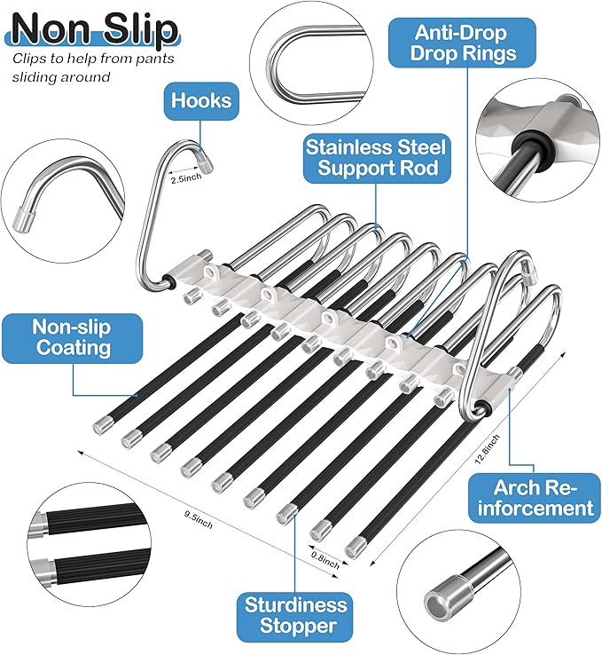 Upgrade 9 Layers Pants Hangers Space Saving, Non Slip Stainless Steel Multifunctional Pants Rack S-Type Clothes Pant Closet Hanger Organizer for Pants Jeans Trousers Scarf Skirts(4 Pack, Antiquewhite)