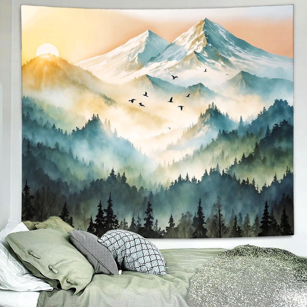 Delur Mountain Tapestry Boho Misty Sunset Forest Tree Tapestry Wall Hanging Sunrise Nature Landscape Psychedelic Headboard for Bedroom Living Room Home Decor (59.1" x 78.7")