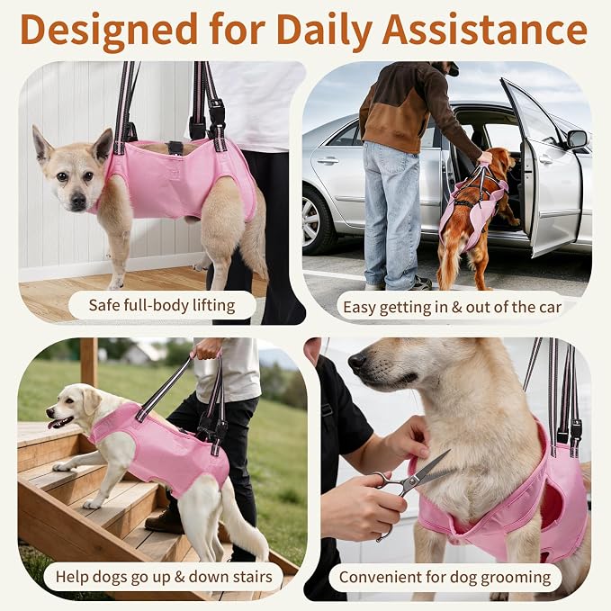 Full Body Dog Lift Harness, Support Senior & Disabled Dogs Walking | Help Up & Down Stairs Grooming, Dog Sling Backpack, Front Hind Leg Joint Injuries, Reflective, Soft Padded Handle | Pink, M
