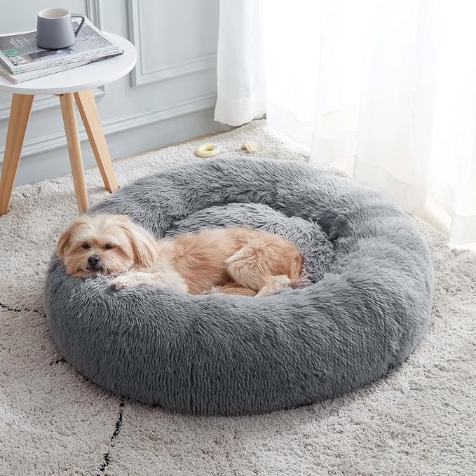 Western Home Calming Donut Cat Bed Small Dog Bed Washable,20" Navy Grey | Fluffy Faux Fur Round Cuddler,Anti-Anxiety,Anti-Slip Bottom,Self-Warming Pet Bed for Small Dog&Kitten&Puppy,Up to 12 LBS