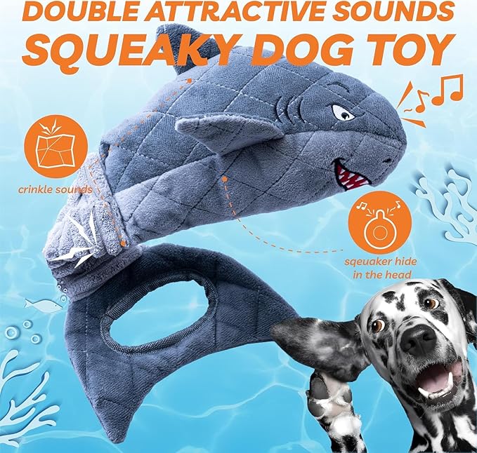 LEGEND SANDY Dog Toys for Large Dogs, Dog Chew Toys to Keep Them Busy, Interactive Squeaky Pet Toys, Tug of War, Crinkle Grey Shark