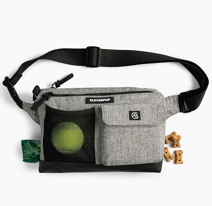 Dog Walk & Train Sling Bag by Cleverpup - Hands-Free 2-In-1 Treat Pouch, Poop Bag Holder, Clicker, Phone Pocket - Crossbody/Fanny Pack, Adjustable Strap - Heather Grey